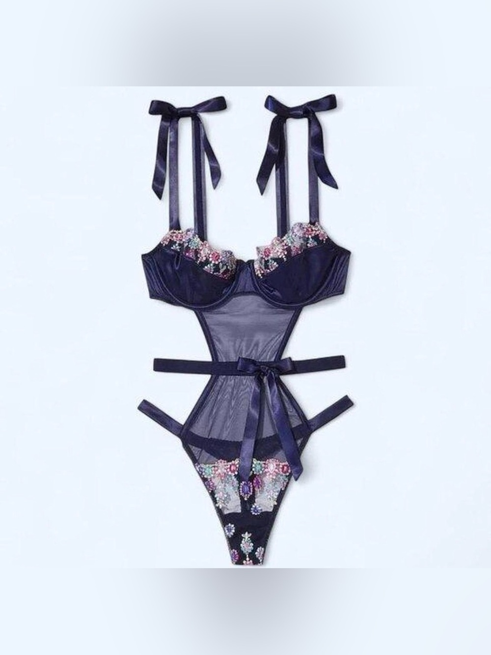 NWT Victoria's Secret Noir Navy Blue Wicked Bejeweled Teddy with Ribbon Straps M